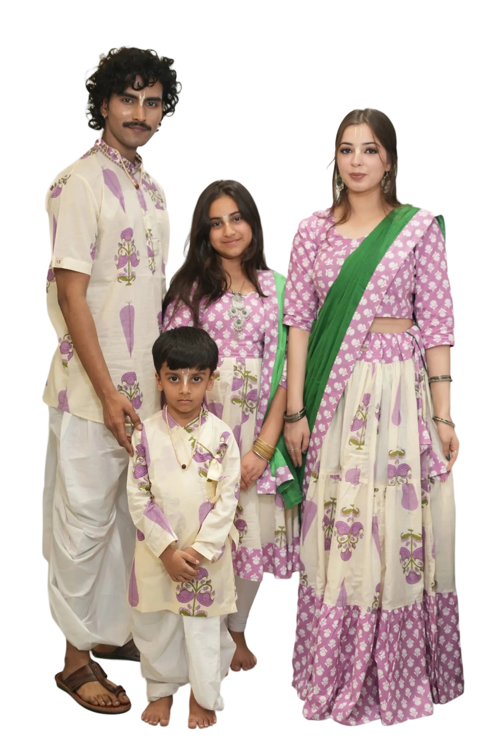 Family of four wearing matching traditional outfits with purple floral patterns on a white background