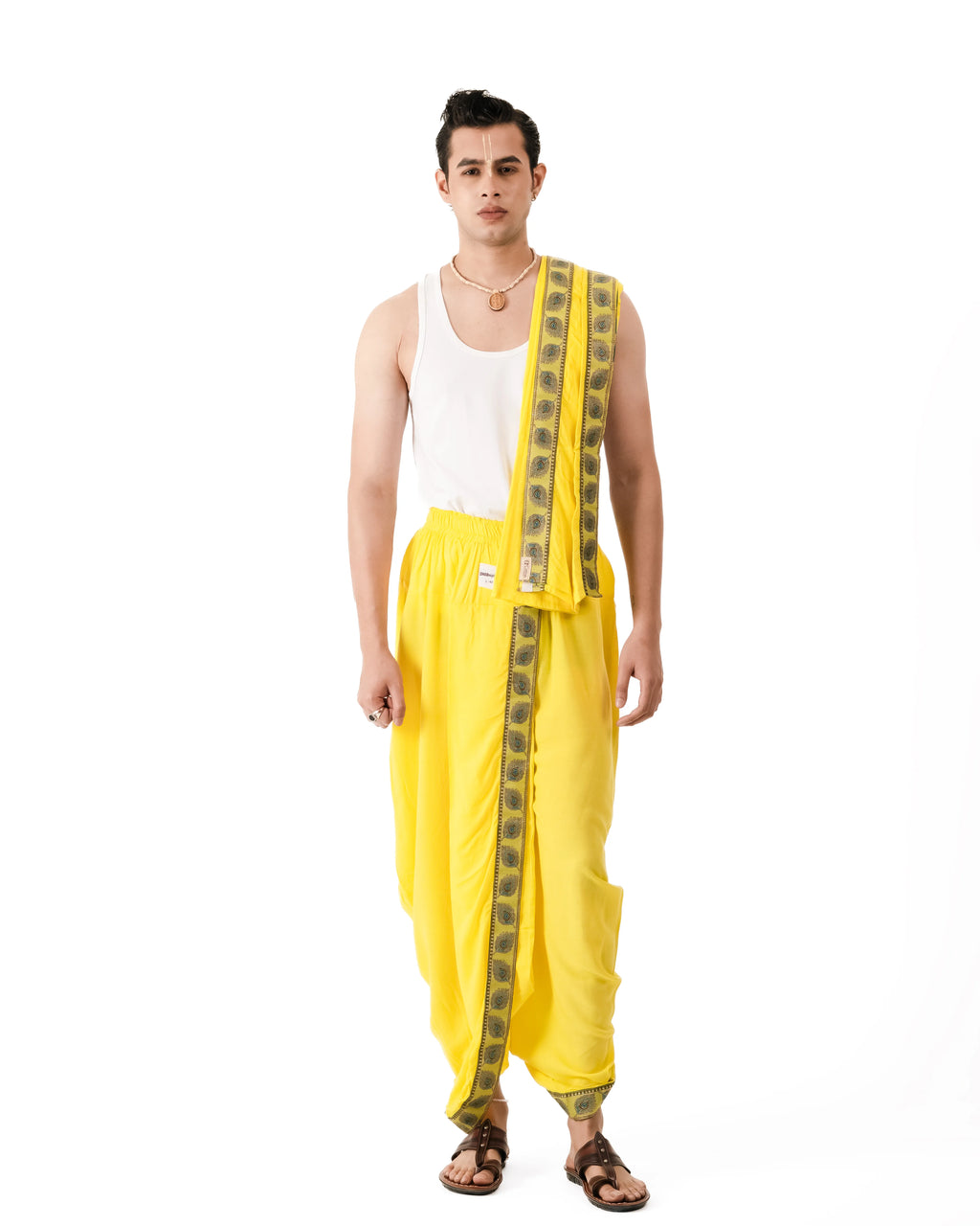 Traditional Readymade Dhoti and Dupatta (Mor Pankh) Lemon