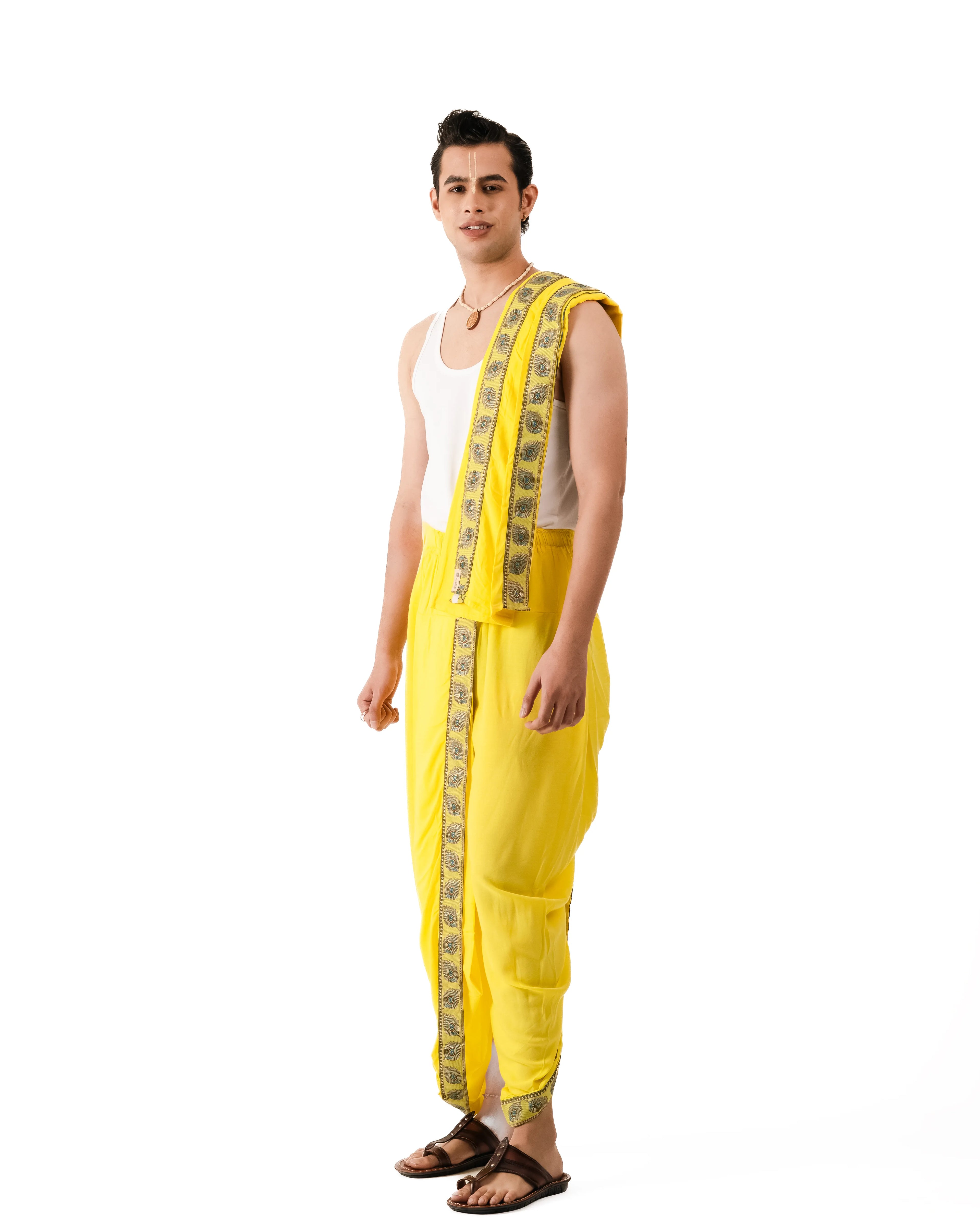 Traditional Readymade Dhoti and Dupatta (Mor Pankh) Lemon