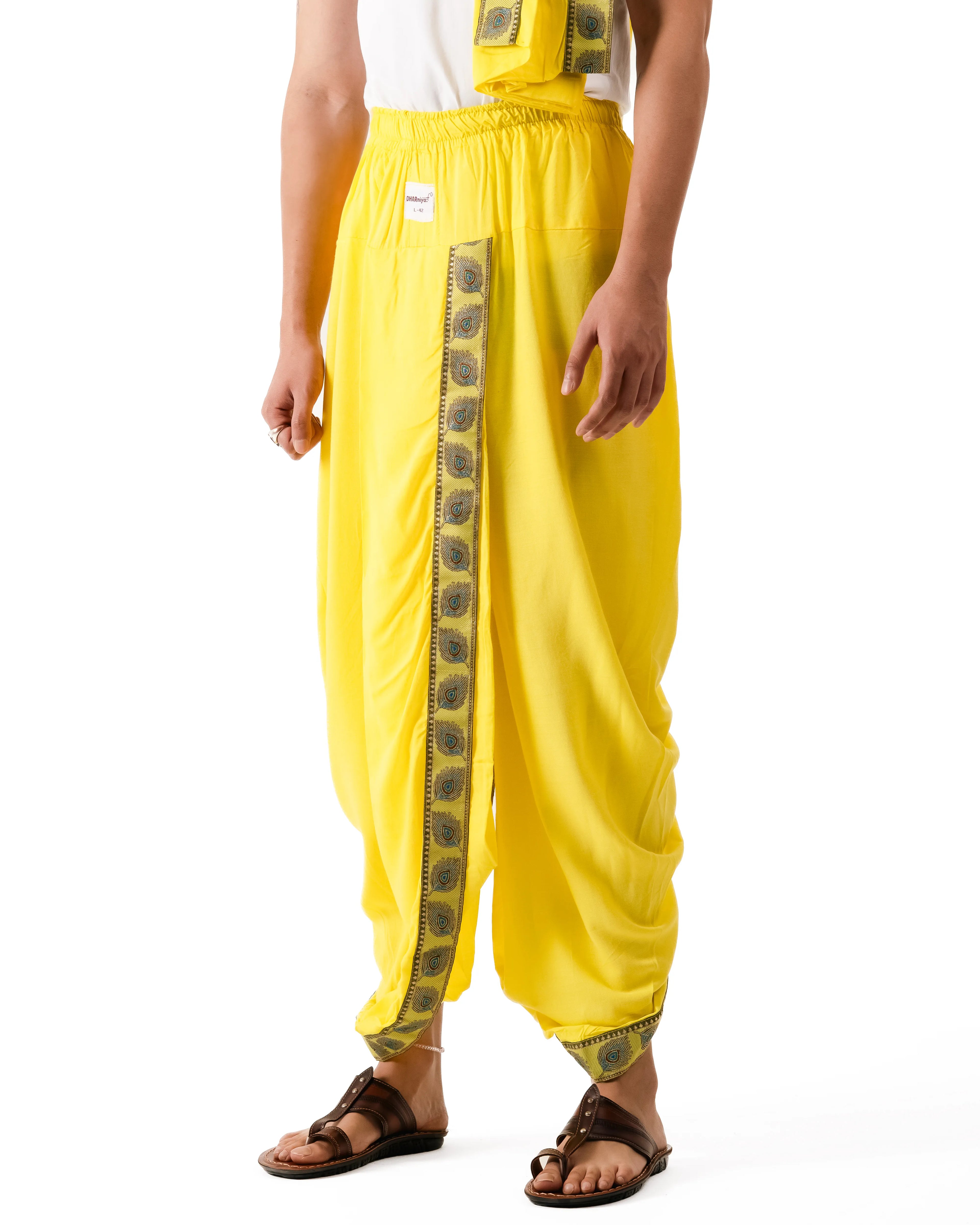 Traditional Readymade Dhoti and Dupatta (Mor Pankh) Lemon