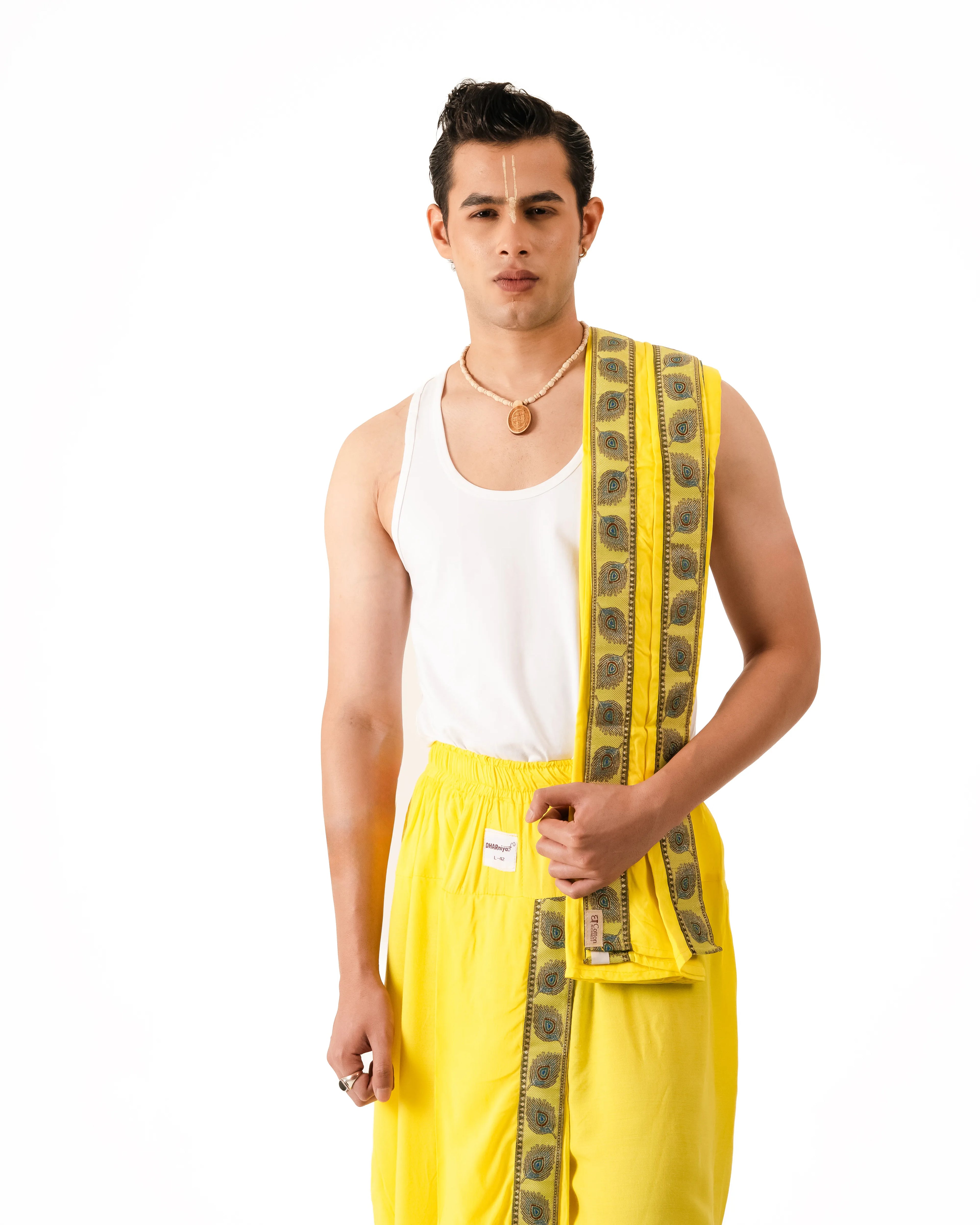 Traditional Readymade Dhoti and Dupatta (Mor Pankh) Lemon