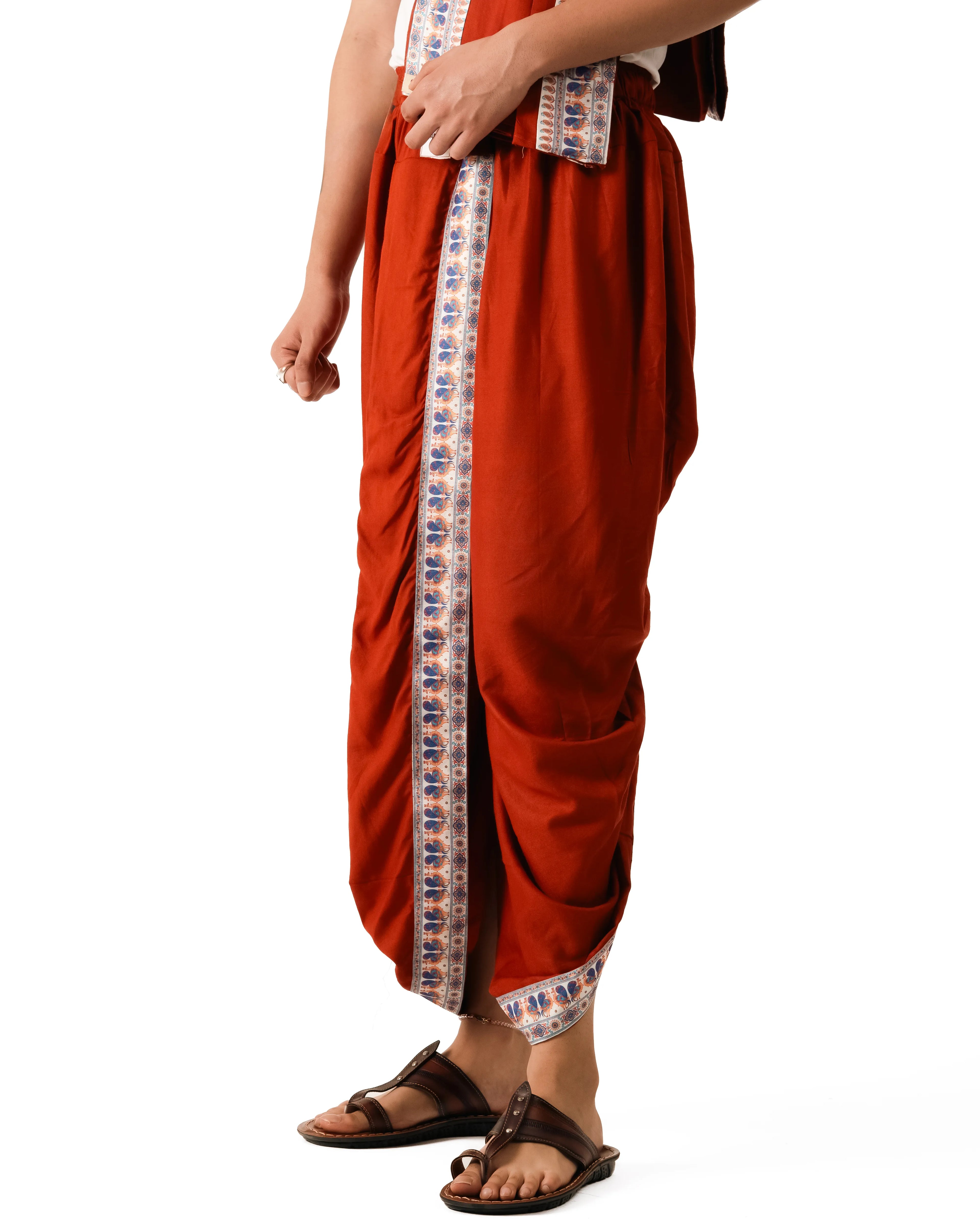 Traditional Readymade Dhoti and Dupatta (Mor Pankh) Lemon