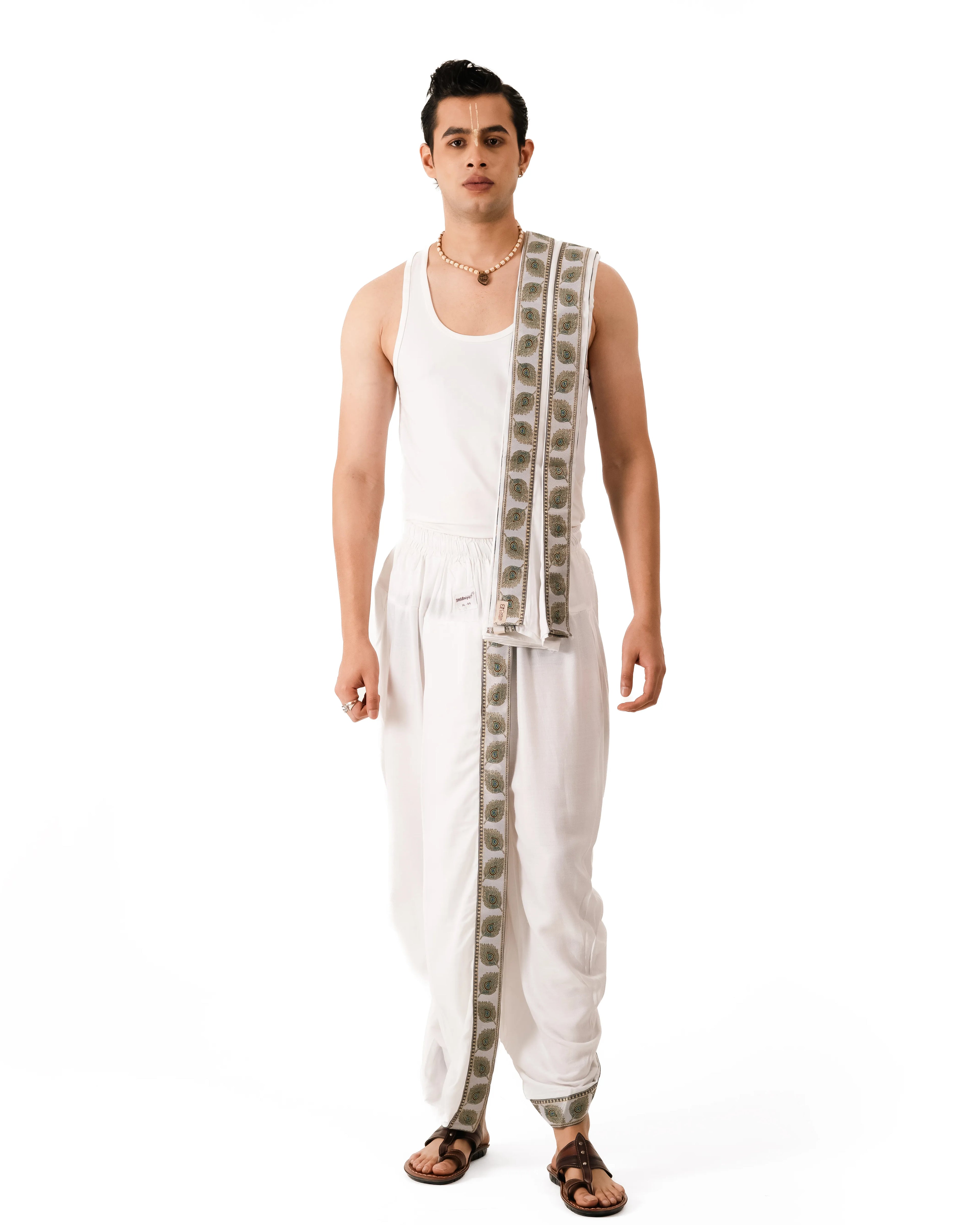 Traditional White Readymade Dhoti Set With Mor Pankh Pattern