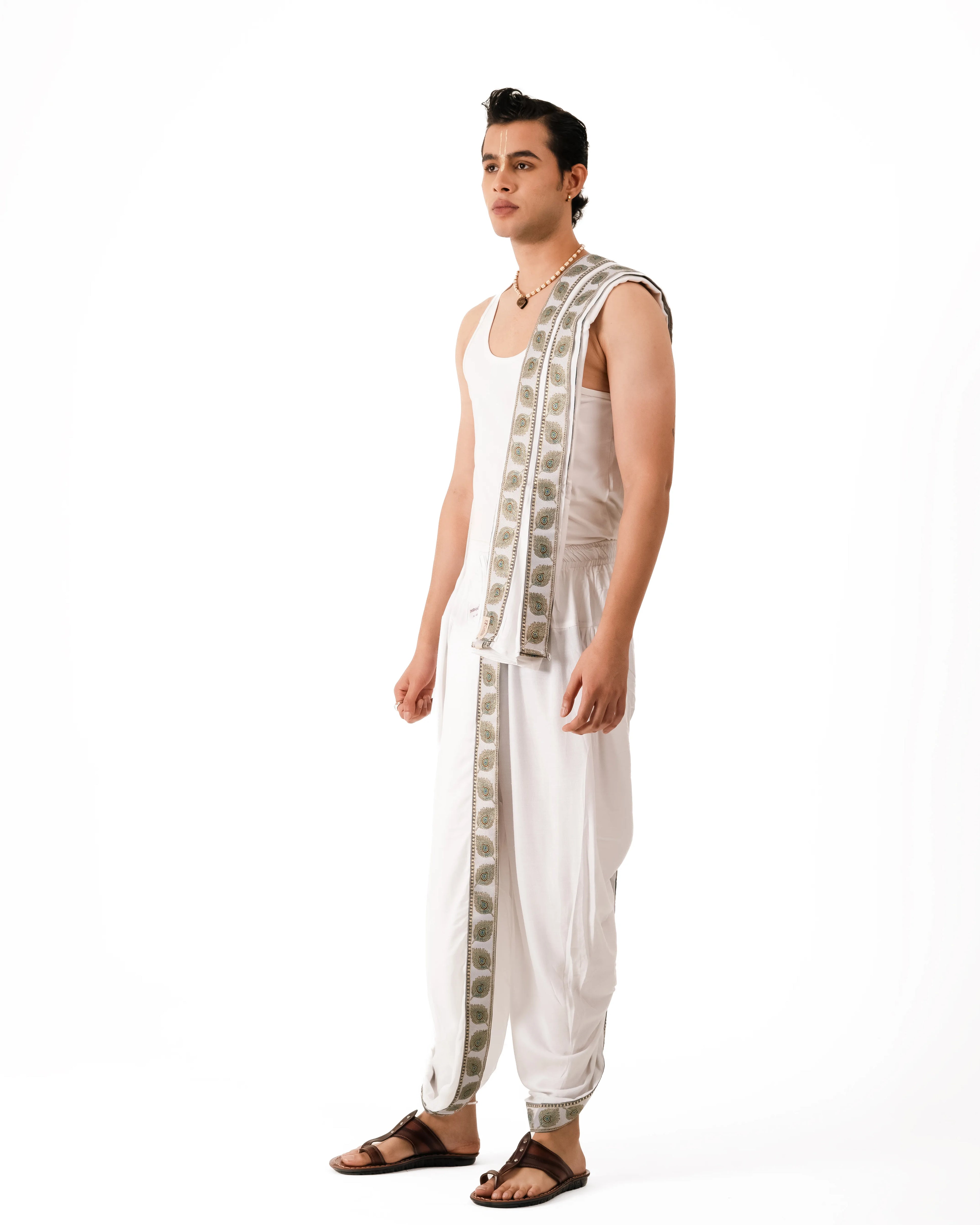 Traditional White Readymade Dhoti Set With Mor Pankh Pattern