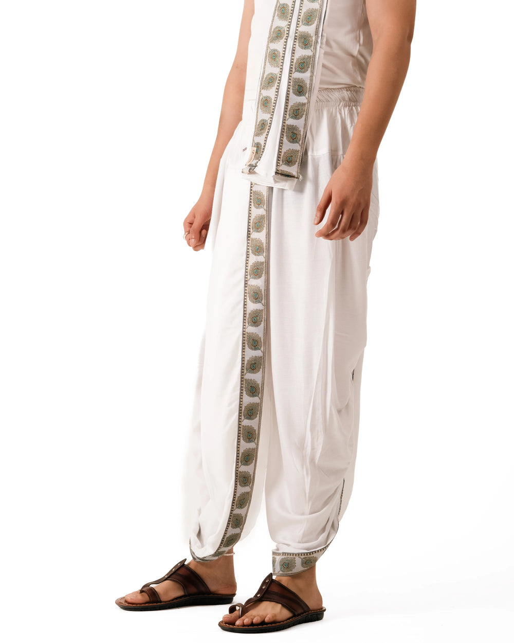 Traditional White Pant style Dhoti Set With Mor Pankh Pattern
