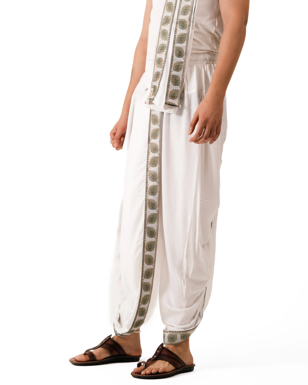 Traditional White Readymade Dhoti Set With Mor Pankh Pattern