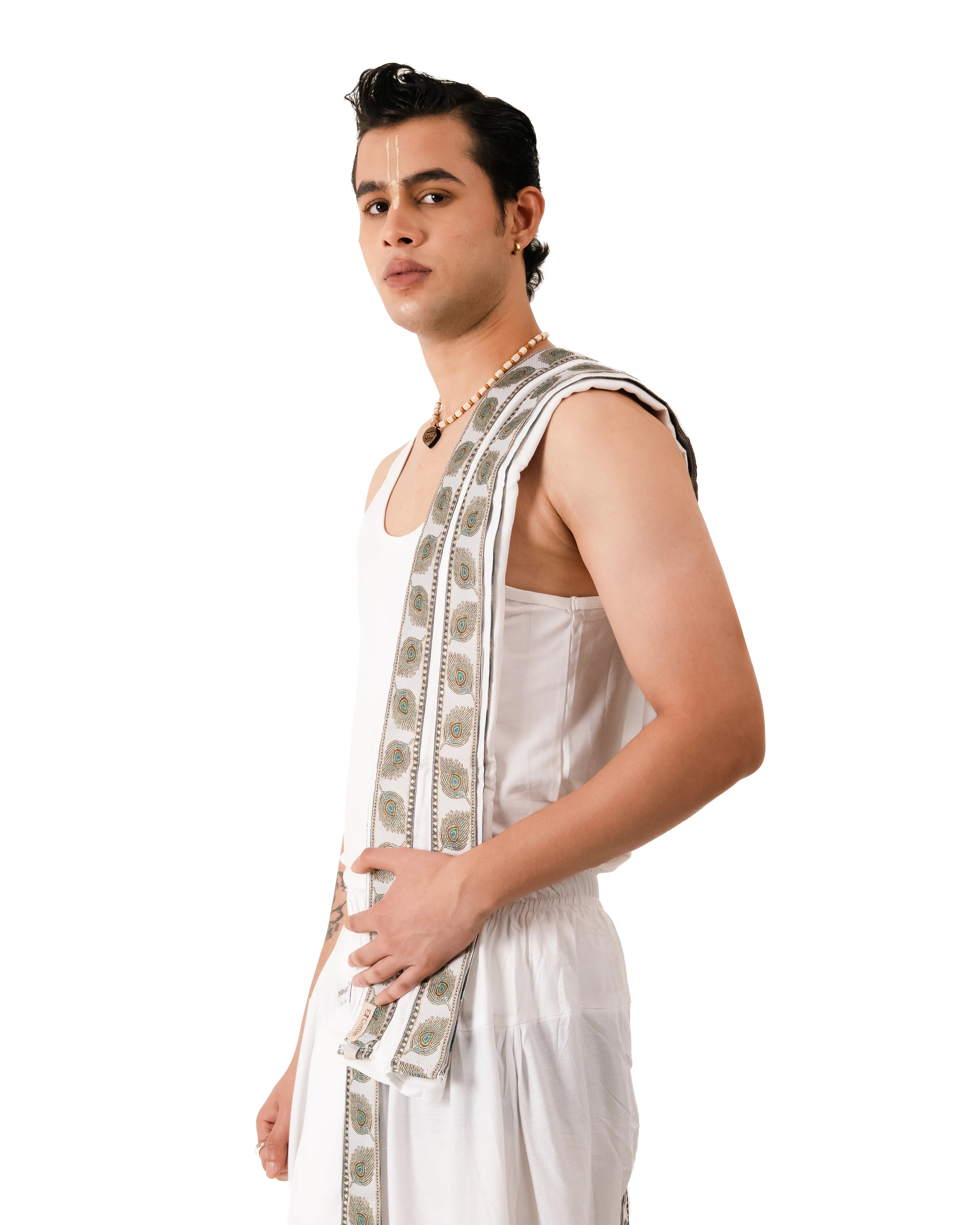 Traditional White Readymade Dhoti Set With Mor Pankh Pattern