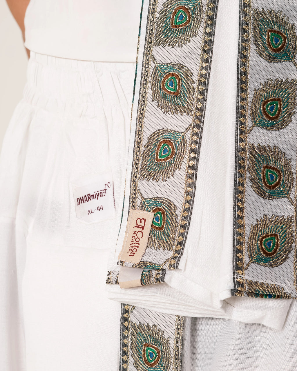 Traditional White Readymade Dhoti Set With Mor Pankh Pattern