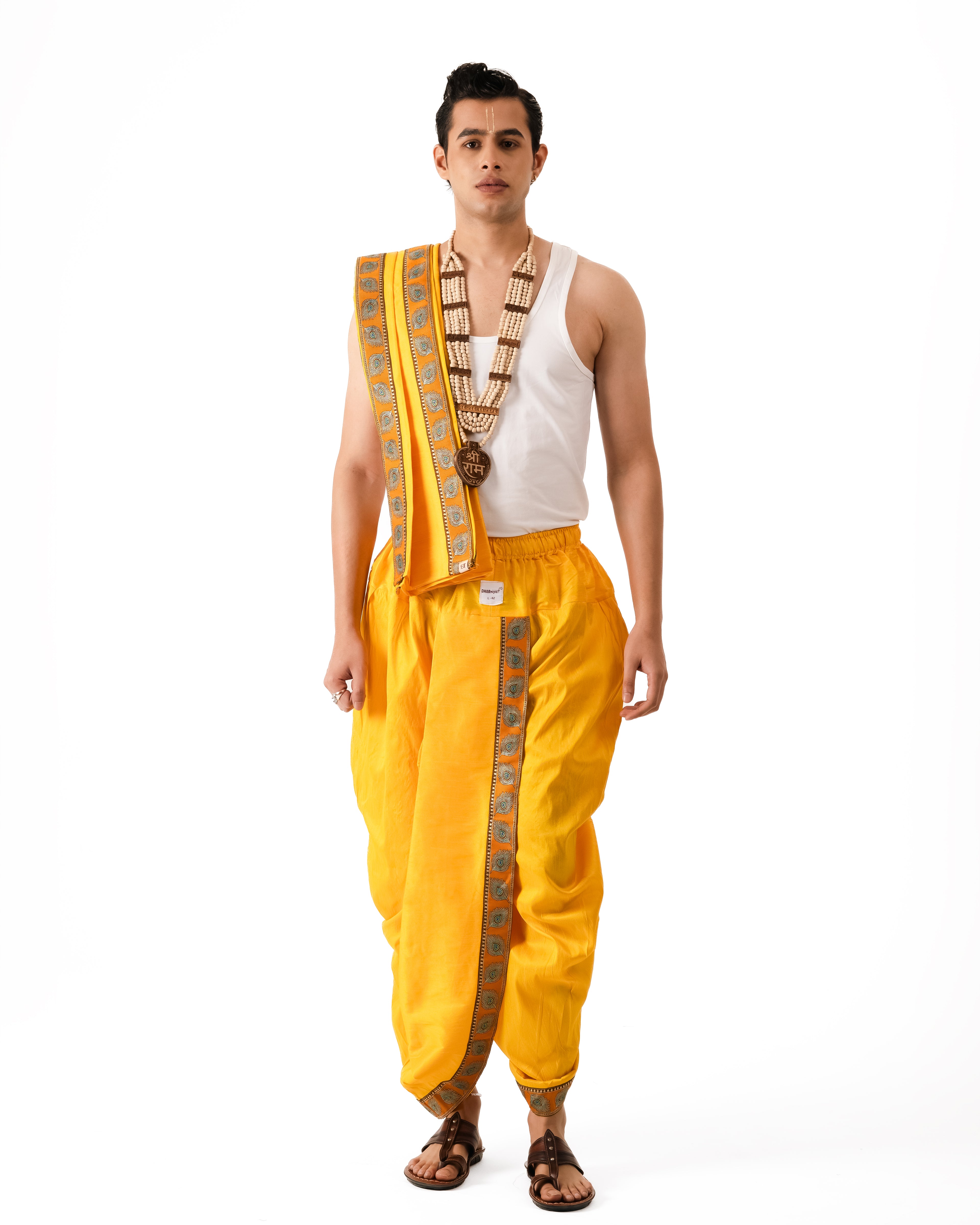 Traditional Readymade Dhoti Set (mor pankh) Mango