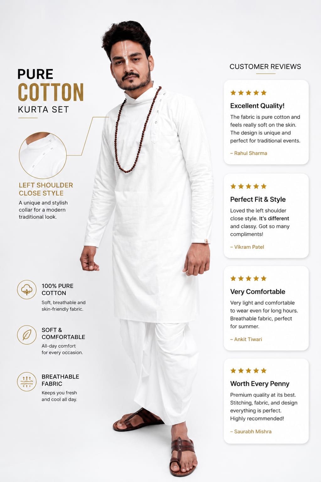 White Cotton Kurta Side Design Wooden