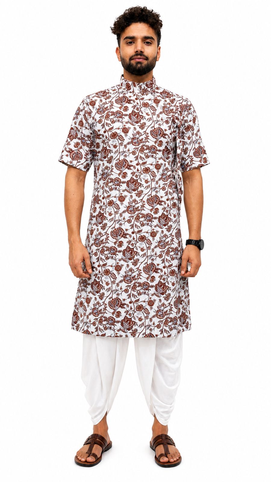 Half Sleeve Collar Printed Bagalbandi White