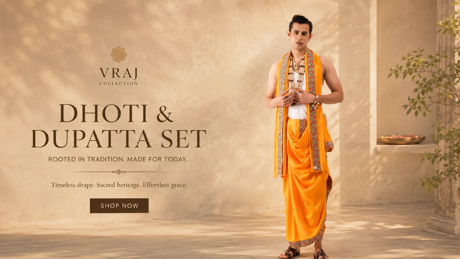 Man wearing an orange dhoti and dupatta set with 'Vraj Collection' branding.