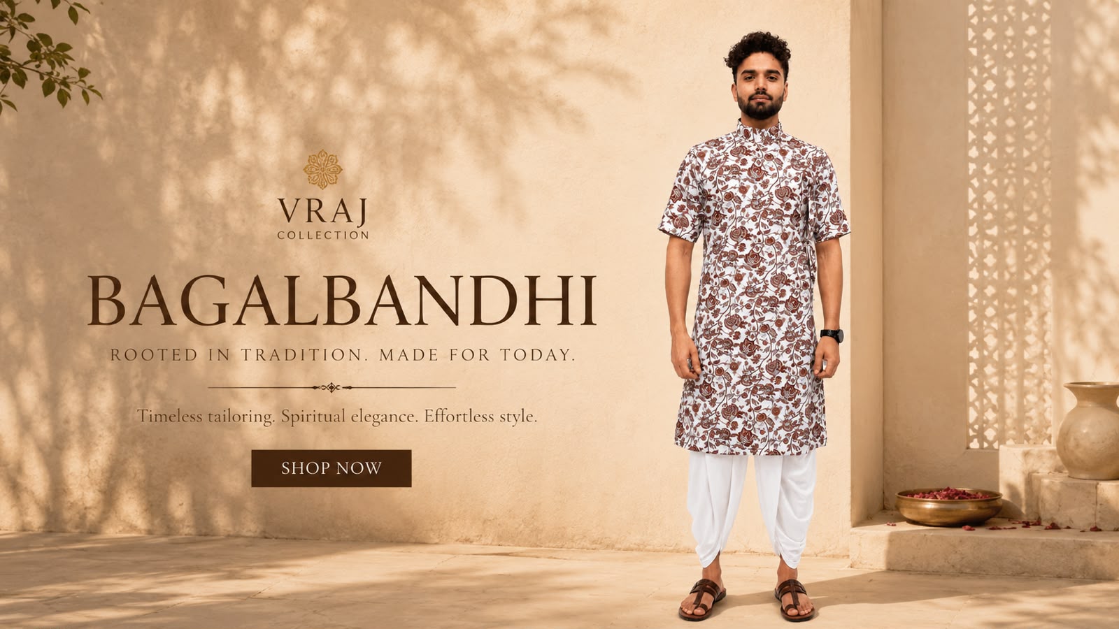 Man wearing a patterned kurta with white pants standing in front of a beige wall with 'Vraj' branding.