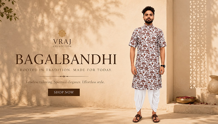 Man wearing a patterned kurta with white pants standing in front of a decorative wall, with 'Vraj Collection' branding.