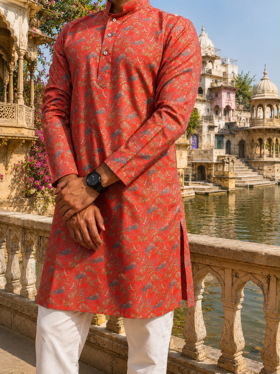 Printed Glace Cotton Kurta Red